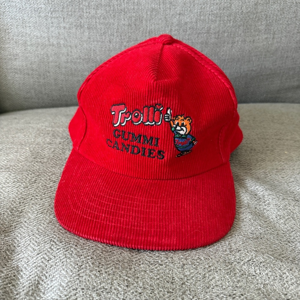 RARE Vtg Trolli Hat Cap Strap Back Red Teddy Bear Gummi Candy Logo Mens 90s